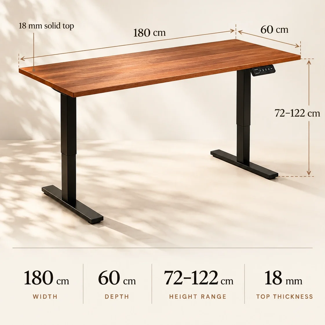 Specifications graphic: 180 cm wide, 60 cm deep, 72 to 122 cm height range, 18 mm solid top