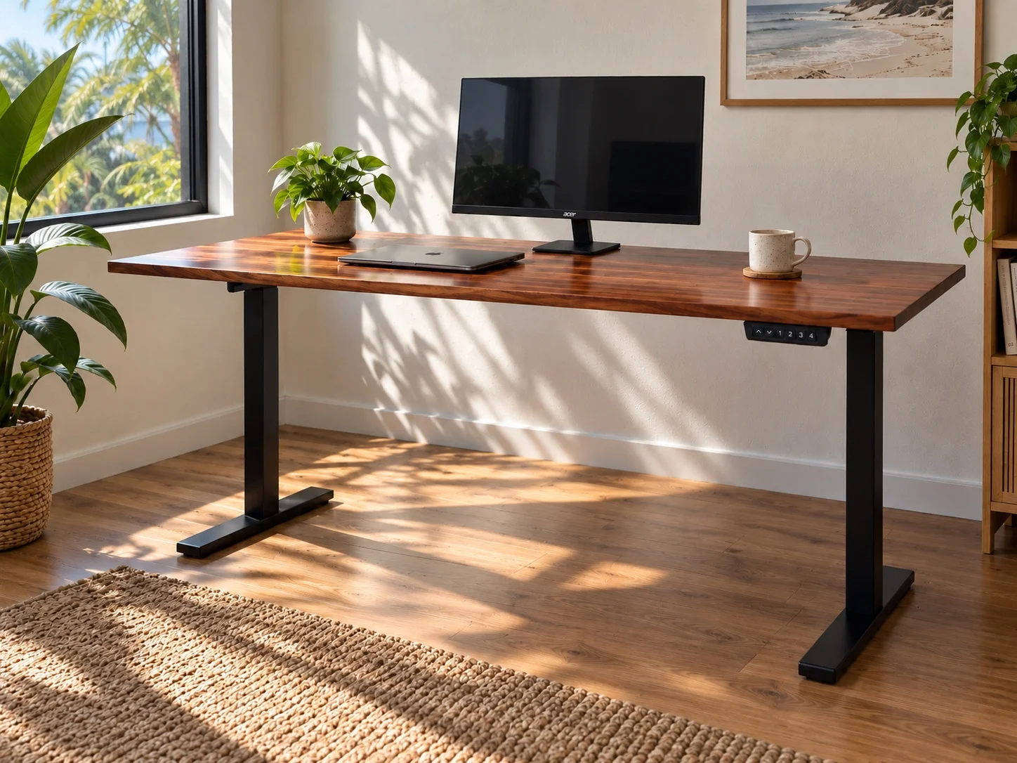 Standing desk styled in a welcoming home workspace