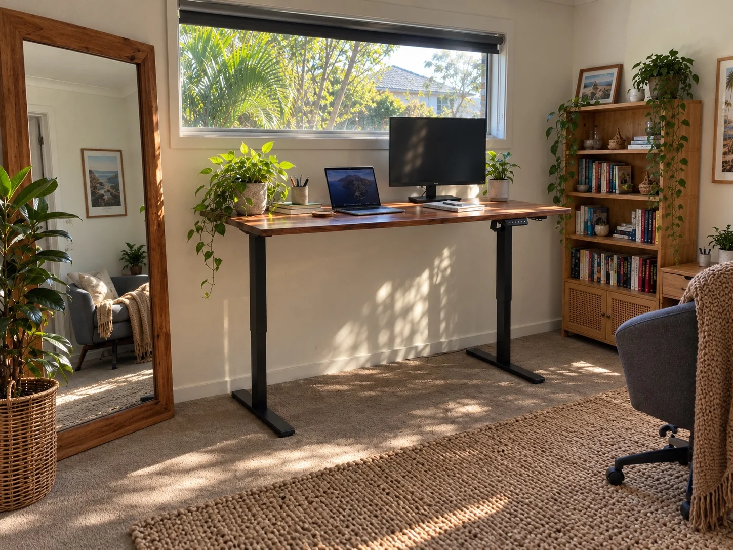 Merbau standing desk in a sunlit home office